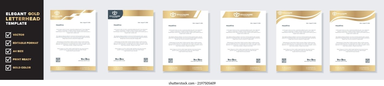 set of modern letterhead template for stationery design all business corporate company. vector format editable A4. golden color download.