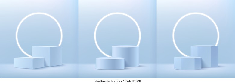 Set of modern light blue geometric podiums with circular neon and pastel empty room background. Abstract vector rendering 3D shape for advertising product display. Minimal scene studio room concept.