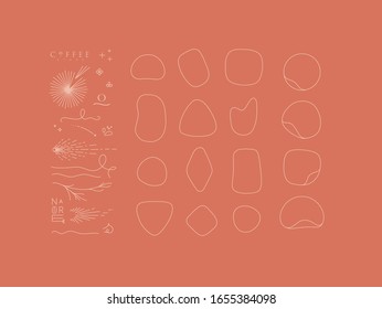 Set of modern light decorative elements and frames to create your own design, drawing in minimalism line style. Coral background.