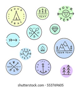 Set of modern line art badges. Camping, tribal, boating. Arrows, anchor, mountains. 