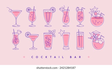 Set of modern line art cocktails in different types of glasses. Cocktail menu design. Vetor illustration