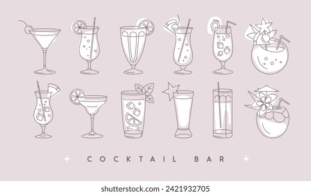 Set of modern line art cocktails in different types of glasses. Cocktail menu design. Vetor illustration