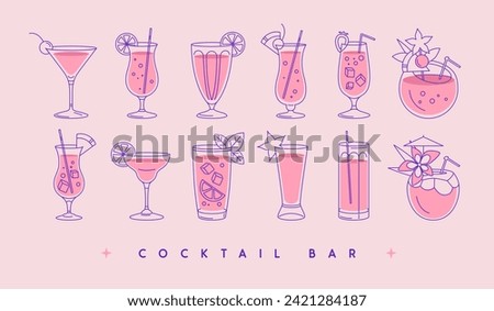 Set of modern line art cocktails in different types of glasses. Cocktail menu design. Vetor illustration