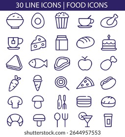 A set of modern line art icons of various food and drink items. Designed in minimal outline style. Perfect for menu design, mobile apps, packaging, Editable vector format with transparent background