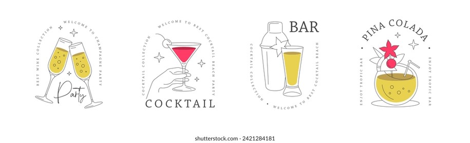 Set of modern line art logo, label or emblem design with different cocktails. Vector illustration