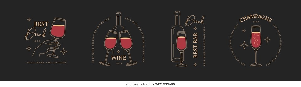 Conjunto de diseño de diseño de marca, etiqueta o emblema de línea moderna con botella y vidrio de vino. Ilustración del vector