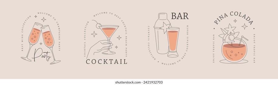 Set of modern line art logo, label or emblem design with different cocktails. Vector illustration