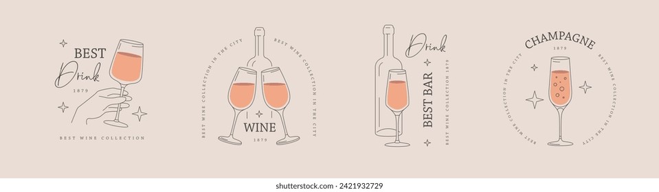 Set of modern line art logo, label or emblem design with wine glass and bottle. Vector illustration