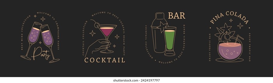 Set of modern line art logo, label or emblem design with different cocktails. Vector illustration