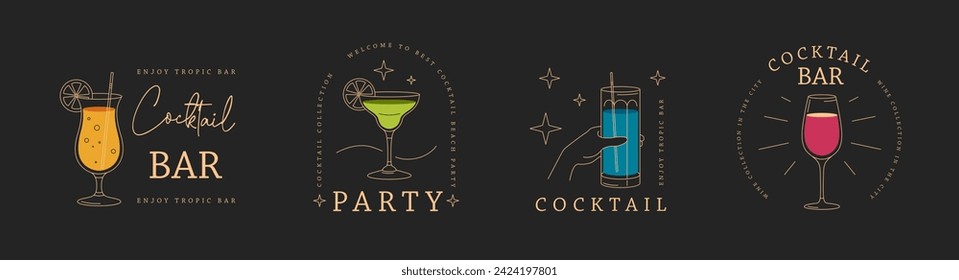 Set of modern line art logo, label or emblem design with different cocktails. Vector illustration
