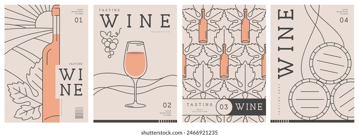 Set of modern line art magazine covers or posters with wine bottles and glasses. Restaurant menu design. Vector illustration