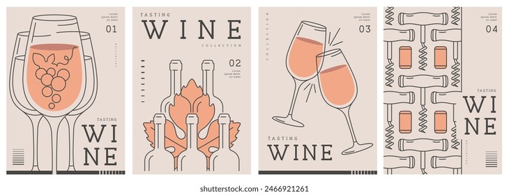 Set of modern line art magazine covers or posters with wine bottles and glasses. Restaurant menu design. Vector illustration