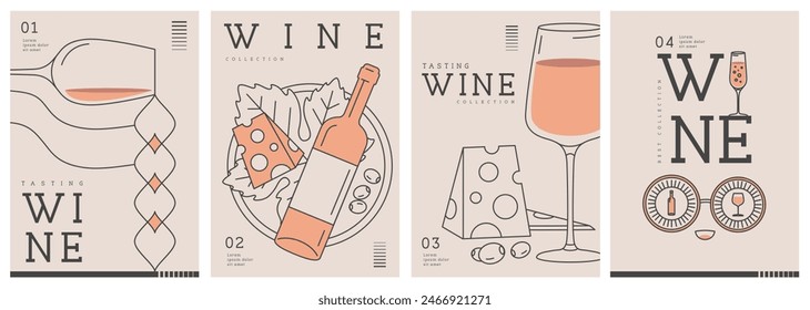 Set of modern line art magazine covers or posters with wine bottles and glasses. Restaurant menu design. Vector illustration