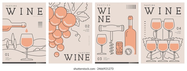 Set of modern line art magazine covers or posters with wine bottles and glasses. Restaurant menu design. Vector illustration