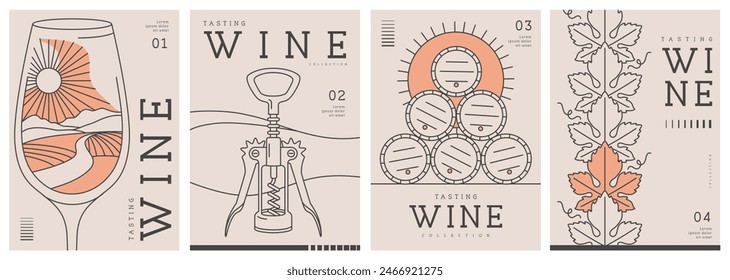 Set of modern line art magazine covers or posters with wine glass, corkscrew and barrels. Restaurant menu design. Vector illustration