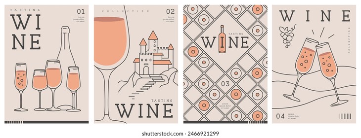 Conjunto de portadas de revistas de arte moderno o carteles con botellas de vino y vasos. Diseño de menú de restaurante. Ilustración vectorial