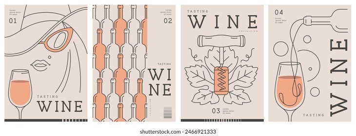 Set of modern line art magazine covers or posters with wine bottles and glasses. Restaurant menu design. Vector illustration