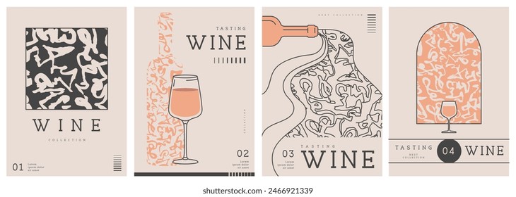 Conjunto de portadas de revistas de arte moderno o carteles con botellas de vino, vasos y textura abstracta. Diseño de menú de restaurante. Ilustración vectorial