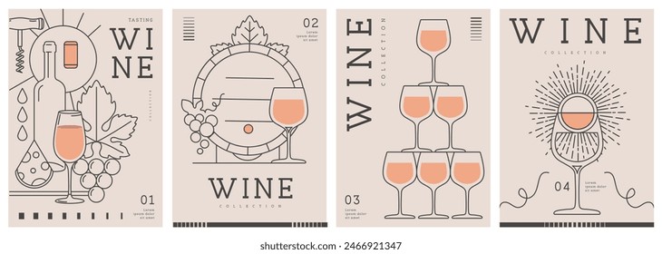 Set of modern line art magazine covers or posters with wine bottles and glasses. Restaurant menu design. Vector illustration