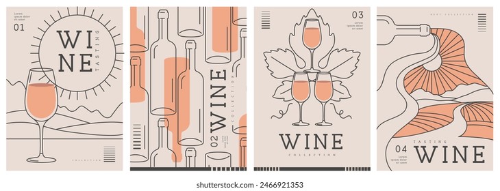 Set of modern line art magazine covers or posters with wine bottles and glasses. Restaurant menu design. Vector illustration