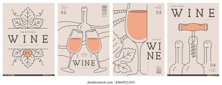 Set of modern line art magazine covers or posters with wine bottles and glasses. Restaurant menu design. Vector illustration