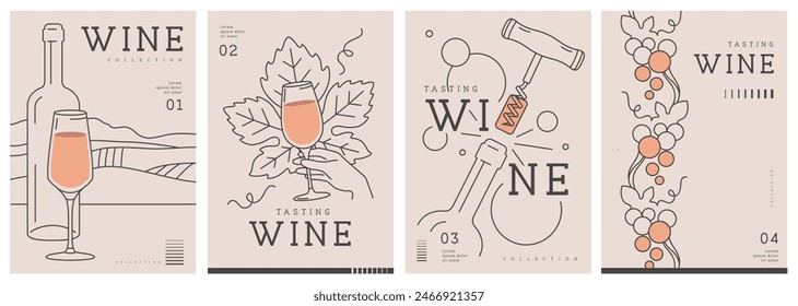 Set of modern line art magazine covers or posters with wine bottles and glasses. Restaurant menu design. Vector illustration