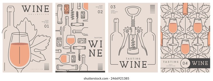 Set of modern line art magazine covers or posters with wine bottles and glasses. Restaurant menu design. Vector illustration