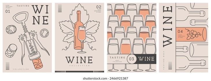 Conjunto de portadas de revistas de arte moderno o carteles con botellas de vino y vasos. Diseño de menú de restaurante. Ilustración vectorial