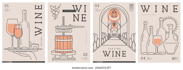 Set of modern line art magazine covers or posters with wine bottles and glasses. Restaurant menu design. Vector illustration