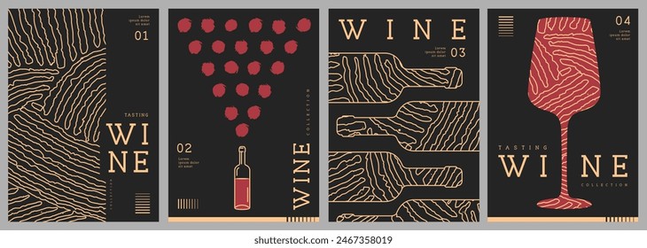 Set of modern line art magazine covers or posters with wine bottles, glasses and abstract texture. Restaurant menu design. Vector illustration