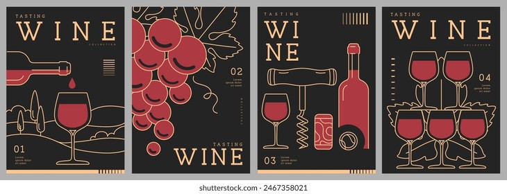 Conjunto de portadas de revistas de arte moderno o carteles con botellas de vino y vasos. Diseño de menú de restaurante. Ilustración vectorial