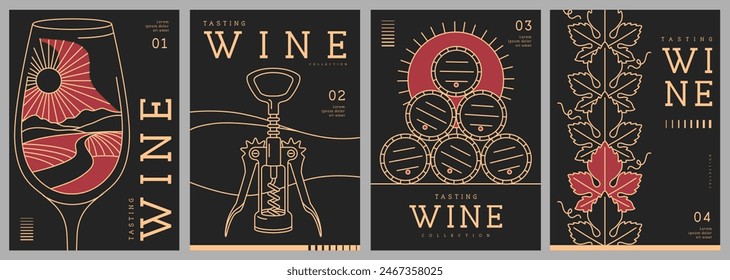 Set of modern line art magazine covers or posters with wine glass, corkscrew and barrels. Restaurant menu design. Vector illustration