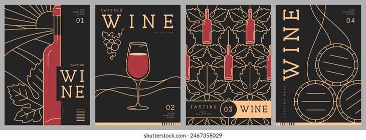 Conjunto de portadas de revistas de arte moderno o carteles con botellas de vino y vasos. Diseño de menú de restaurante. Ilustración vectorial