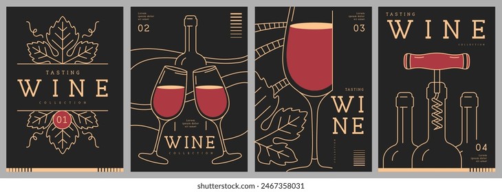 Set of modern line art magazine covers or posters with wine bottles and glasses. Restaurant menu design. Vector illustration