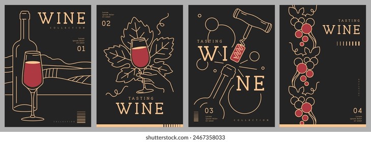 Set of modern line art magazine covers or posters with wine bottles and glasses. Restaurant menu design. Vector illustration