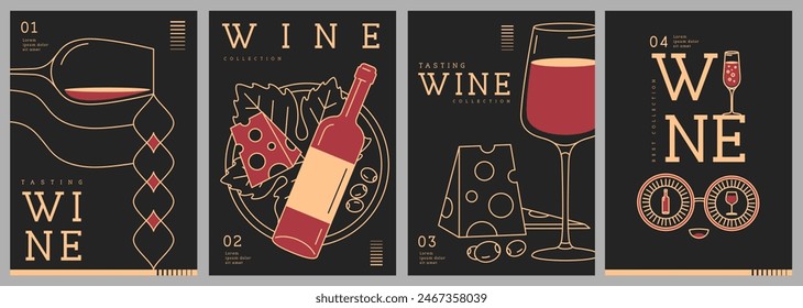 Set of modern line art magazine covers or posters with wine bottles and glasses. Restaurant menu design. Vector illustration