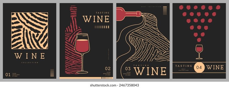 Set of modern line art magazine covers or posters with wine bottles, glasses and abstract texture. Restaurant menu design. Vector illustration