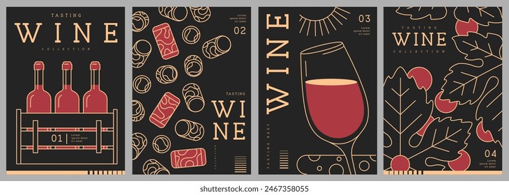 Set of modern line art magazine covers or posters with wine bottles and glasses. Restaurant menu design. Vector illustration