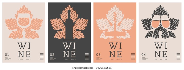 Set of modern line art magazine covers or posters with wine bottles, glasses and abstract texture. Restaurant menu design. Vector illustration