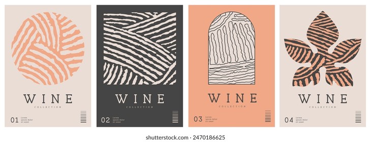 Set of modern line art magazine covers or posters with abstract wine textures. Restaurant menu design. Vector illustration