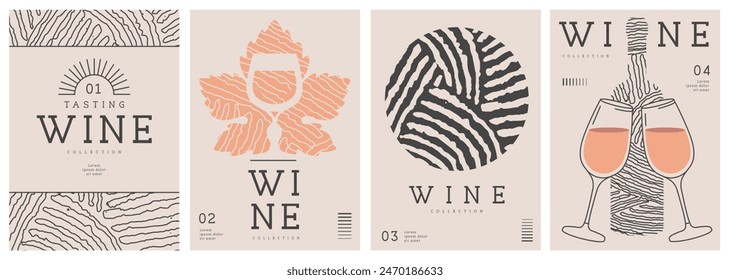 Set of modern line art magazine covers or posters with wine bottles, glasses and abstract texture. Restaurant menu design. Vector illustration