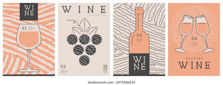 Set of modern line art magazine covers or posters with wine bottles, glasses and abstract texture. Restaurant menu design. Vector illustration