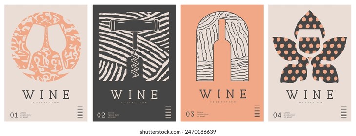 Conjunto de portadas de revistas de arte moderno o carteles con botellas de vino, vasos y textura abstracta. Diseño de menú de restaurante. Ilustración vectorial