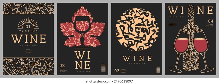 Set of modern line art magazine covers or posters with wine bottles, glasses and abstract texture. Restaurant menu design. Vector illustration