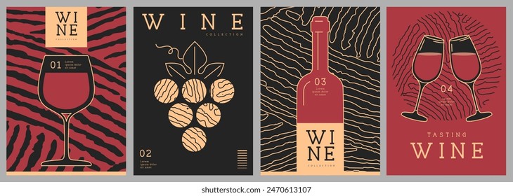 Set of modern line art magazine covers or posters with wine bottles, glasses and abstract texture. Restaurant menu design. Vector illustration