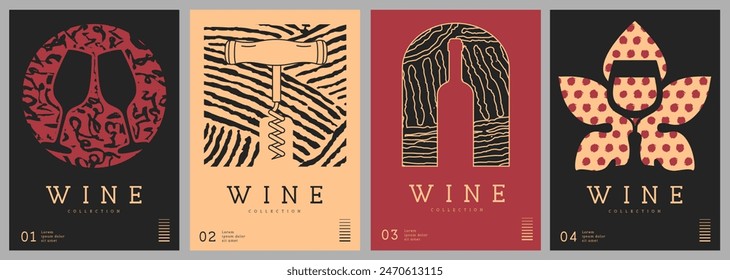 Set of modern line art magazine covers or posters with wine bottles, glasses and abstract texture. Restaurant menu design. Vector illustration