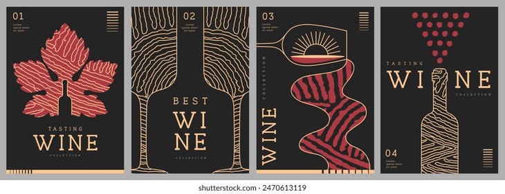 Set of modern line art magazine covers or posters with wine bottles, glasses and abstract texture. Restaurant menu design. Vector illustration