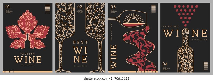 Set of modern line art magazine covers or posters with wine bottles, glasses and abstract texture. Restaurant menu design. Vector illustration