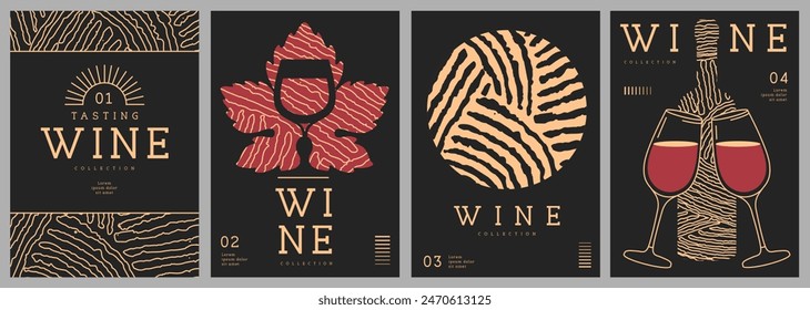 Set of modern line art magazine covers or posters with wine bottles, glasses and abstract texture. Restaurant menu design. Vector illustration