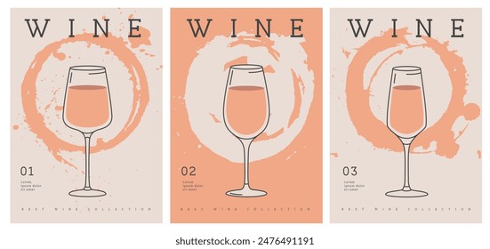 Conjunto de portadas de revistas de arte moderno o carteles con copas de vino y círculos de pintura abstracta. Ilustración vectorial